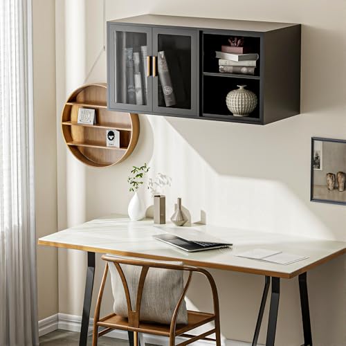 Black Over Toilet Wall Mounted Metal Cabinet with Two Glass Doors and Shelves Y18715