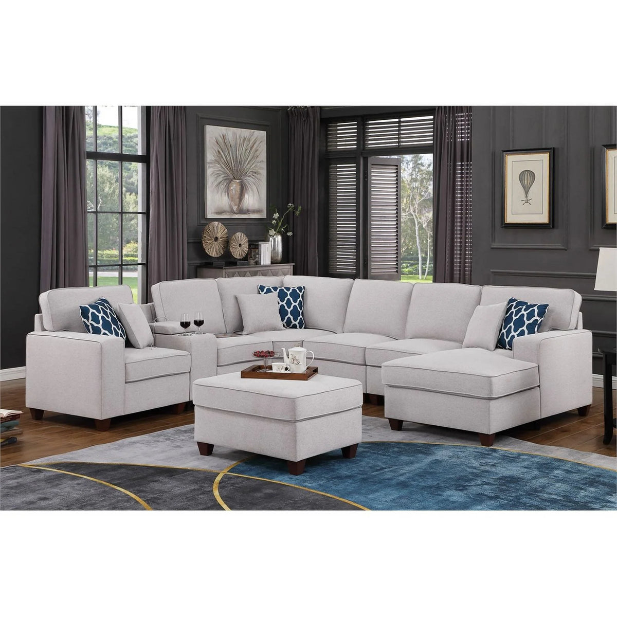 Light Gray 8-Piece Fabric Upholstered Sectional with Console & Chaise L356