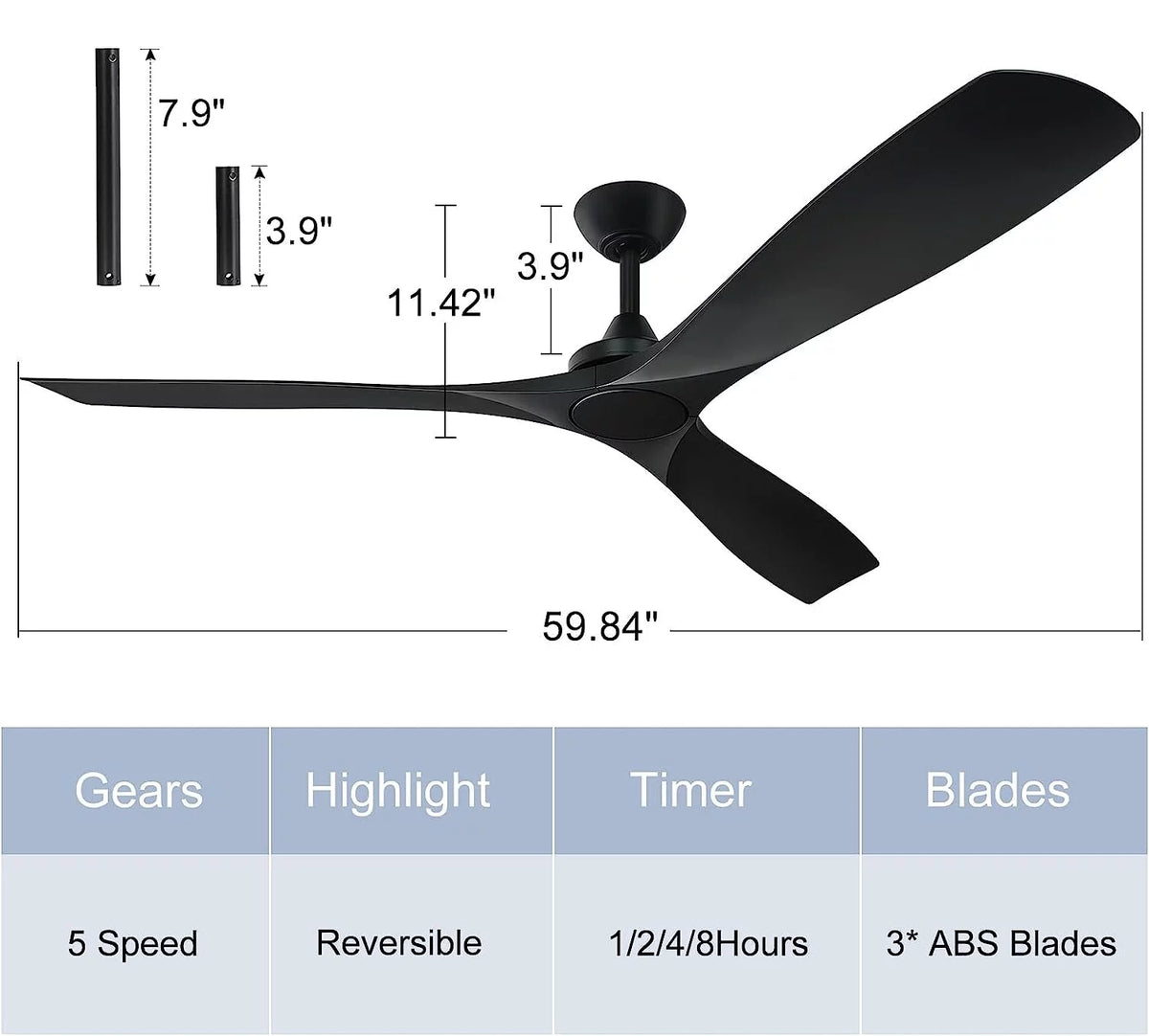 60" Modern 3-Blade Black Ceiling Fan with Remote Control E486712