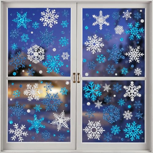 Glitter Snowflake Window Clings Blue Silver Double-Sided S123