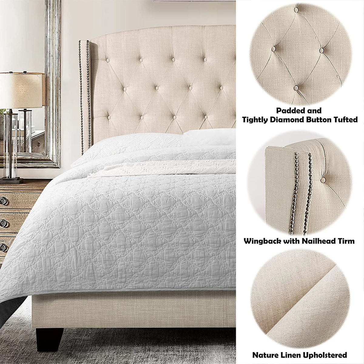 Padded Platform Bed Frame with Wingback Headboard N3139