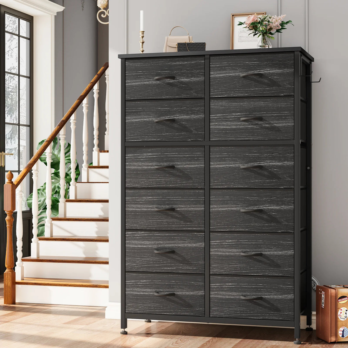 12 Drawer Fabric Dresser with Steel Frame and Wooden Top D19233