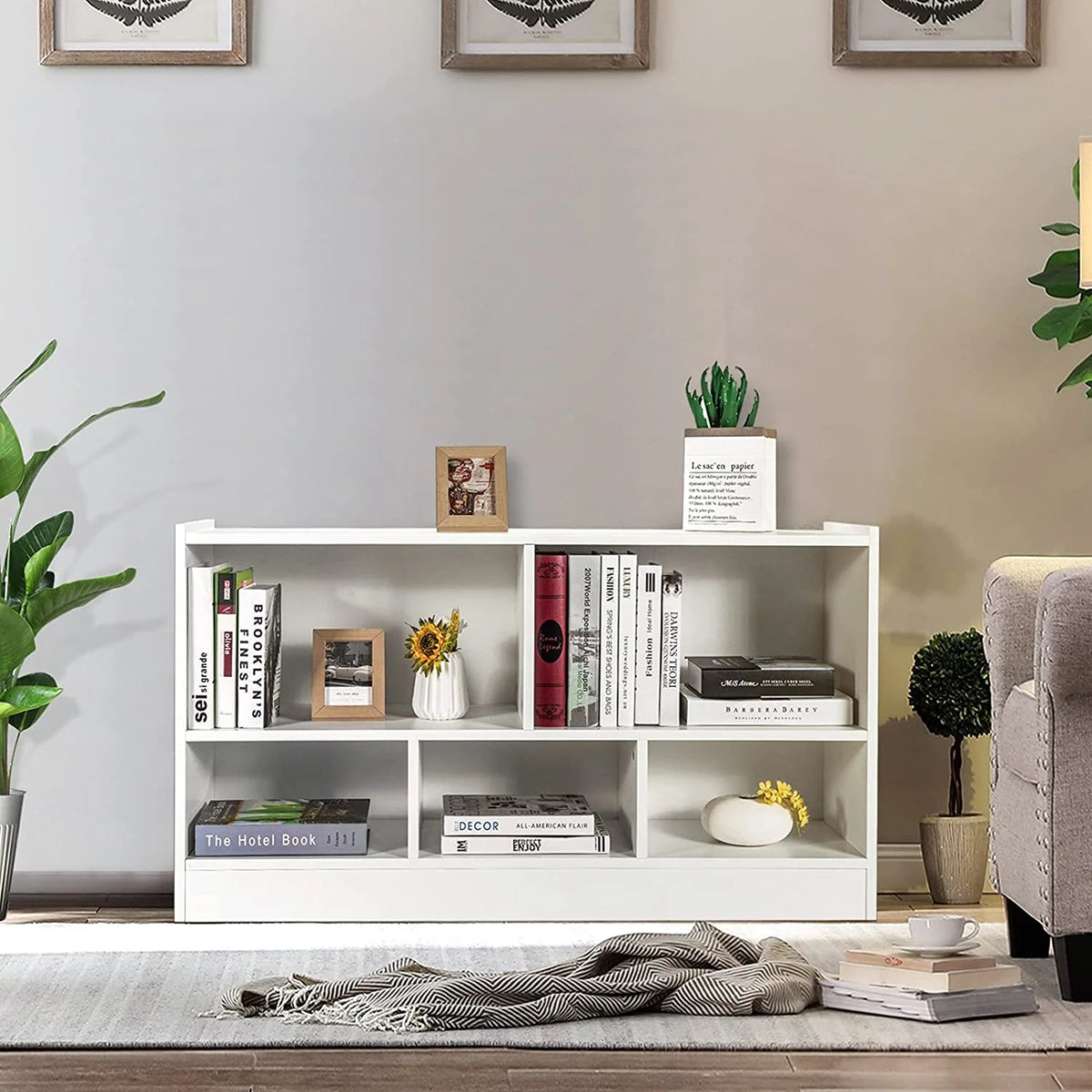 5 Cube White Wood Bookcase with Open Shelves E21837