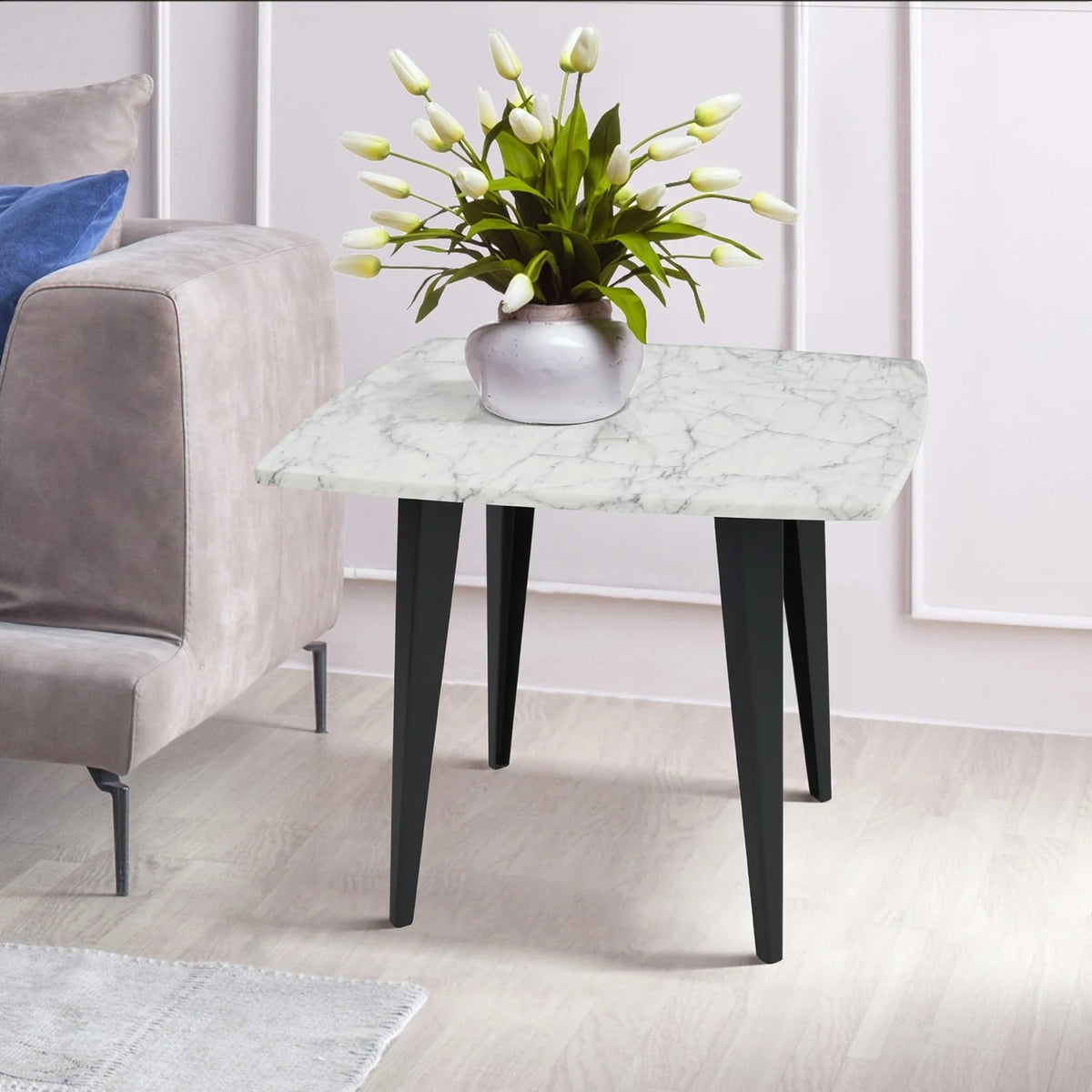 24" Square White Marble Side Table with Metal Legs J1929