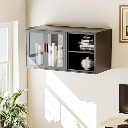 Black Over Toilet Wall Mounted Metal Cabinet with Two Glass Doors and Shelves Y18715