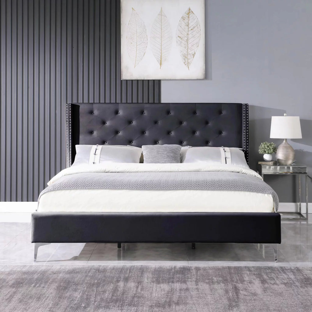 Wood Platform Bed Frame with Upholstered Headboard Queen Black K323