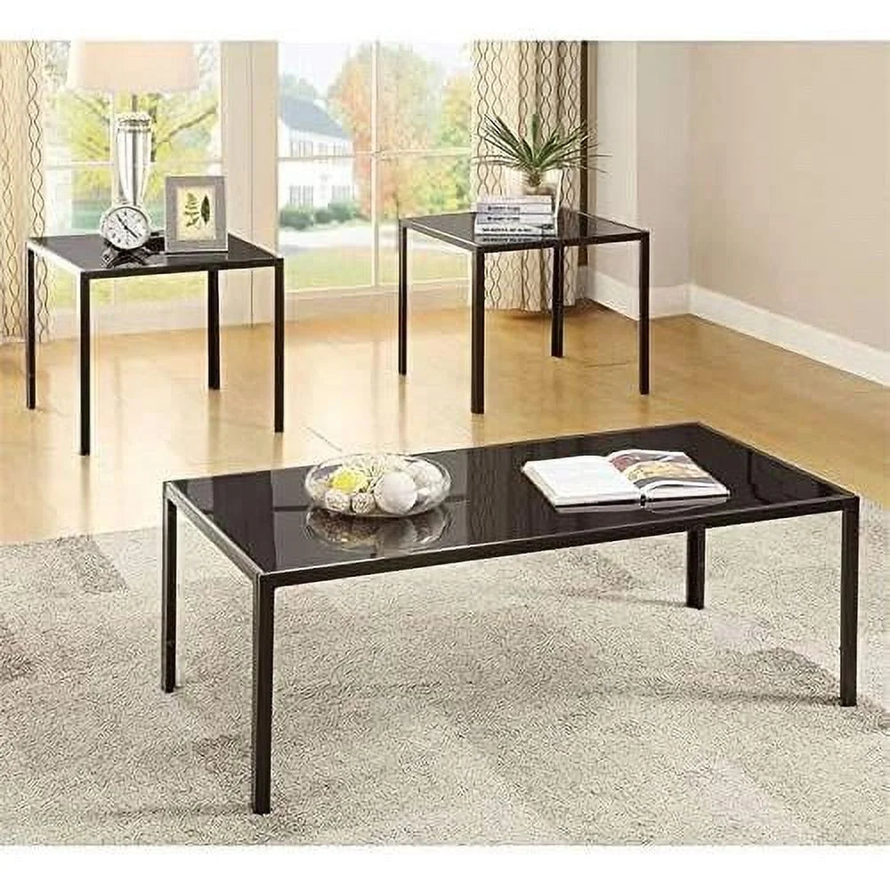 Black 3 Piece Glass Top Coffee Table Set D7662