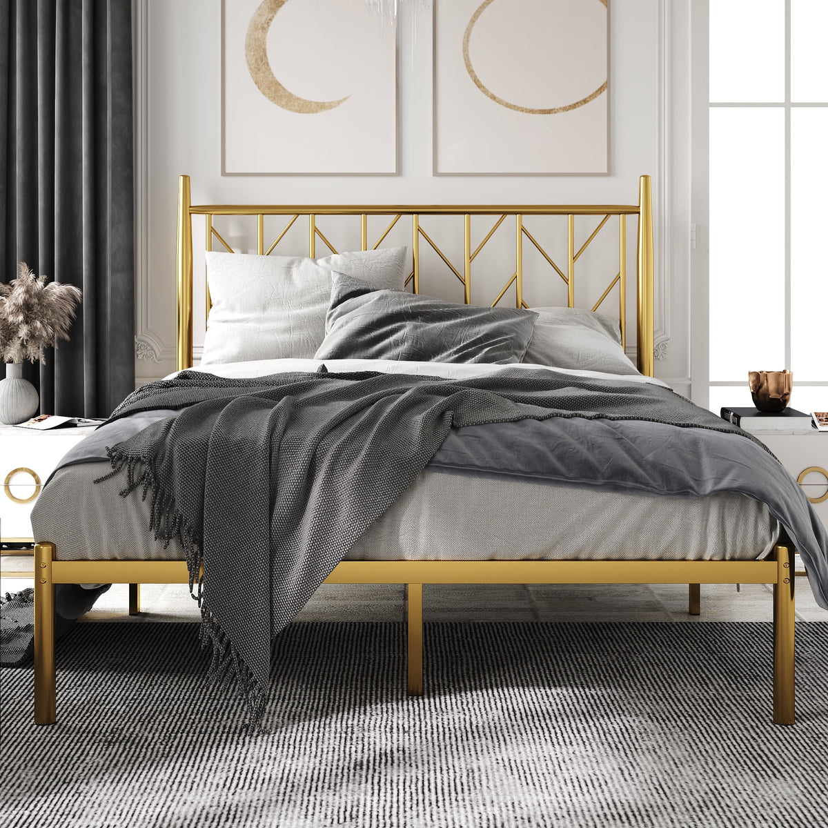 Full Size Gold Metal Platform Bed Frame Y189