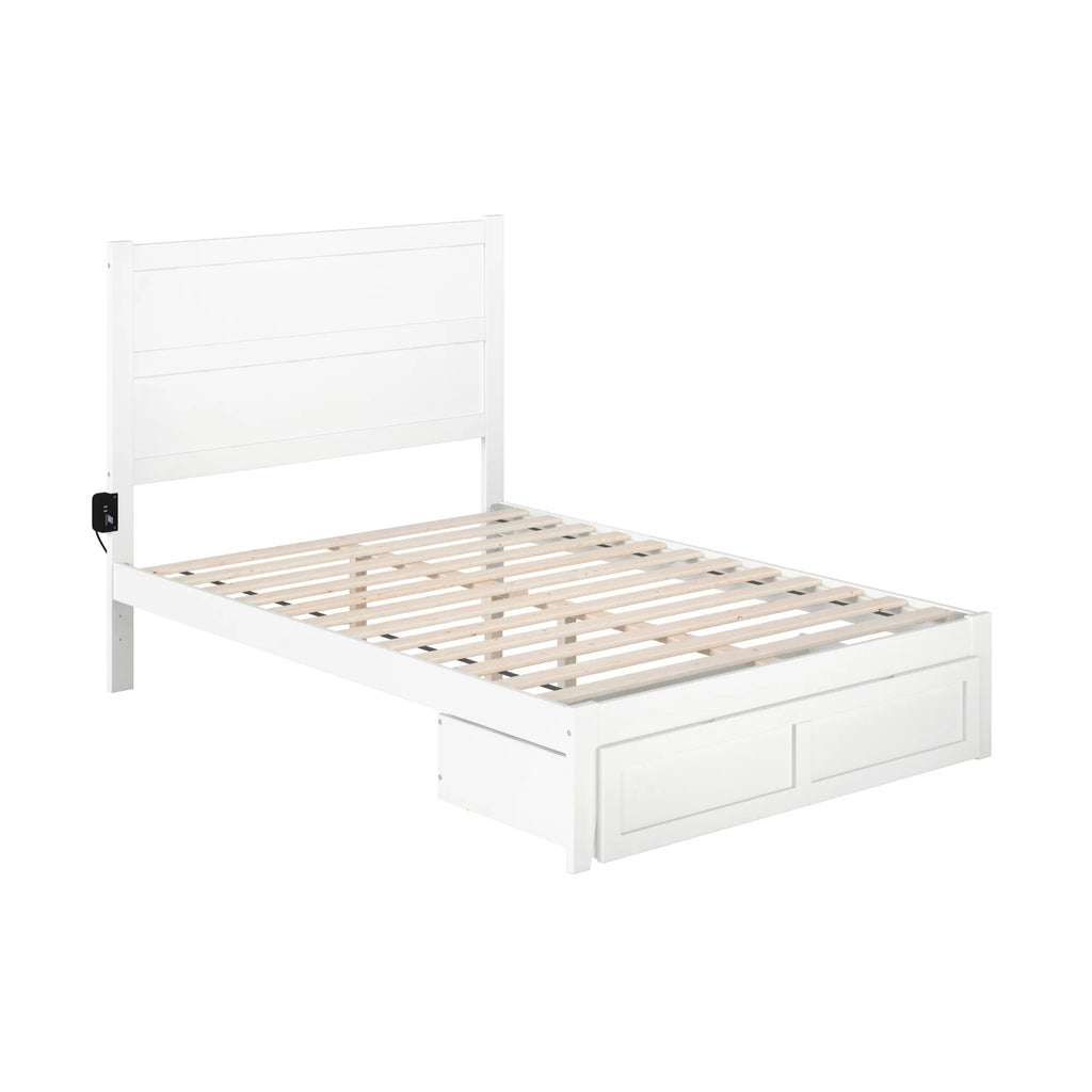 White Wood Full Bed with Foot Drawer J23218