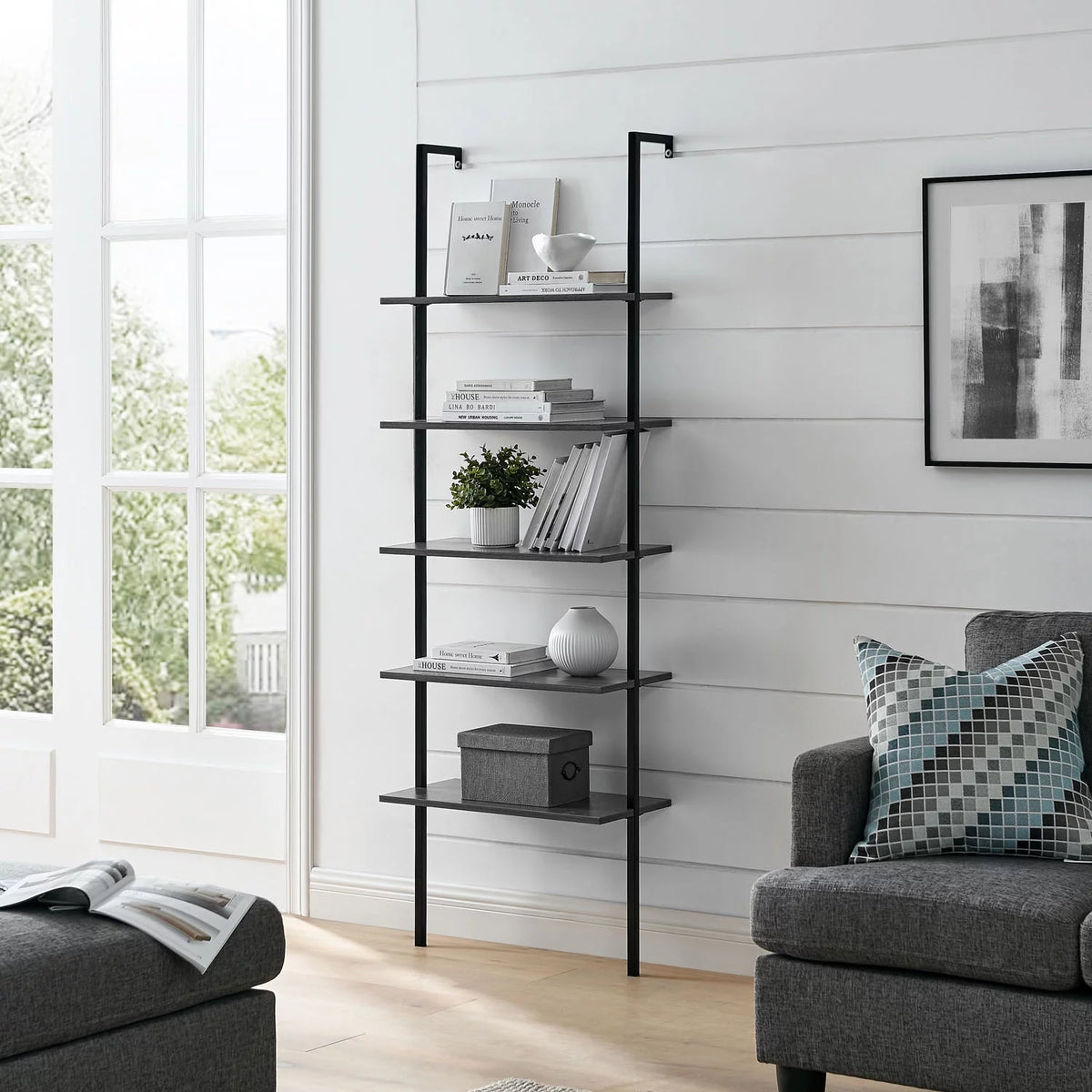 5-Shelf Ladder Bookcase Black Wood and Metal Y16125