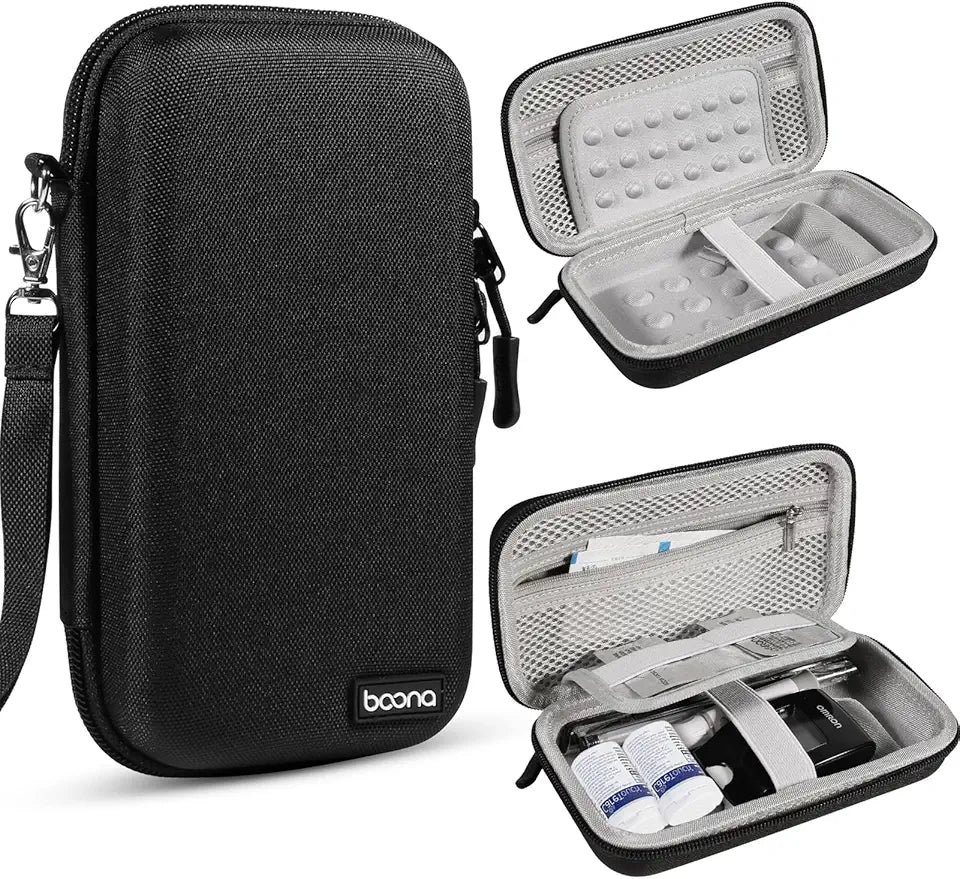 Diabetic Travel Case + Pill Box, EVA Hard Shell Diabetic Bags for Supplies, Glucose Monitor Kit, Blood Sugar Monitor, Test Strips for Diabetes, Lancets, Lancing Device, Insulin Pen (Large, Black) H859