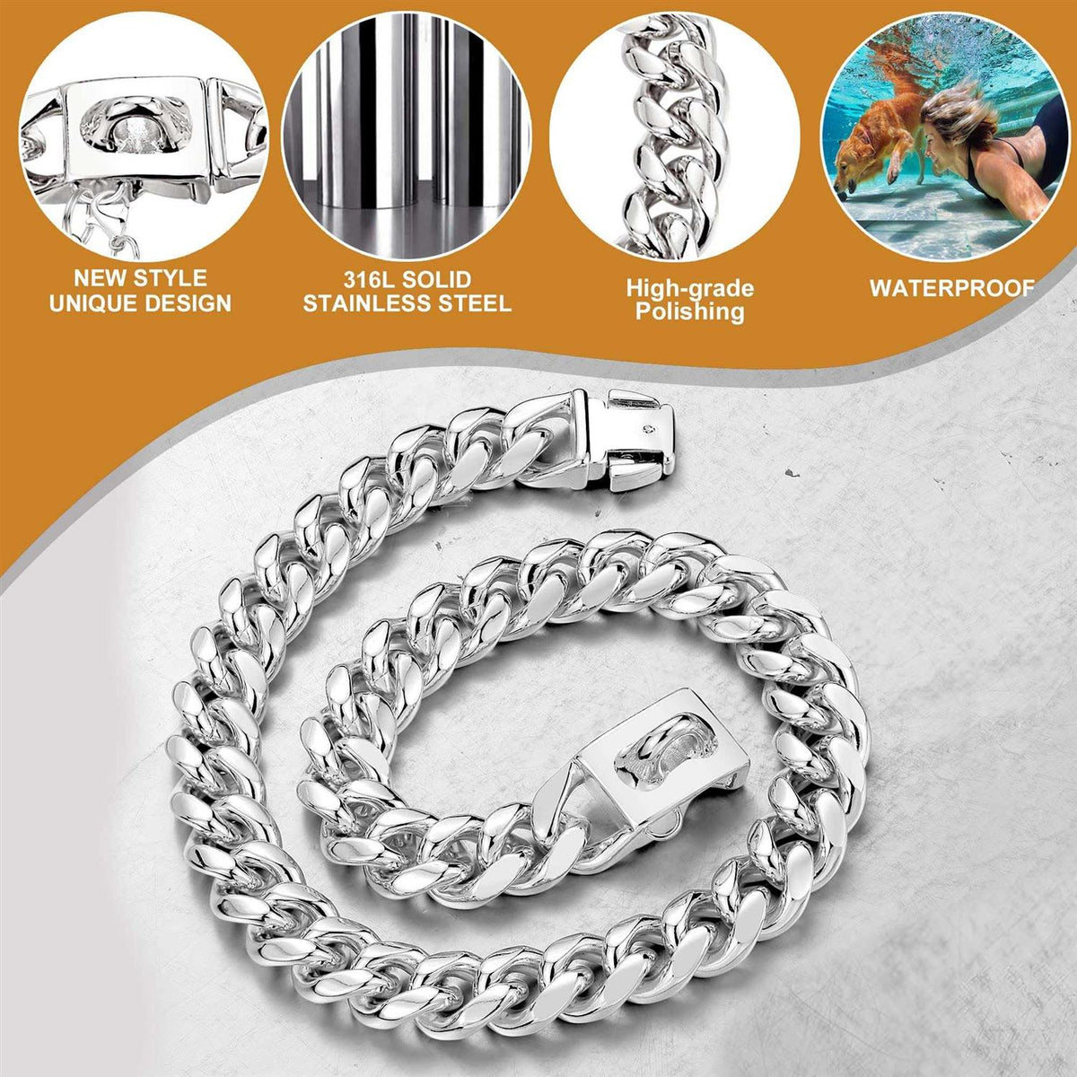 Gold Chain Cuban Link Stainless Steel Dog Collar J6370
