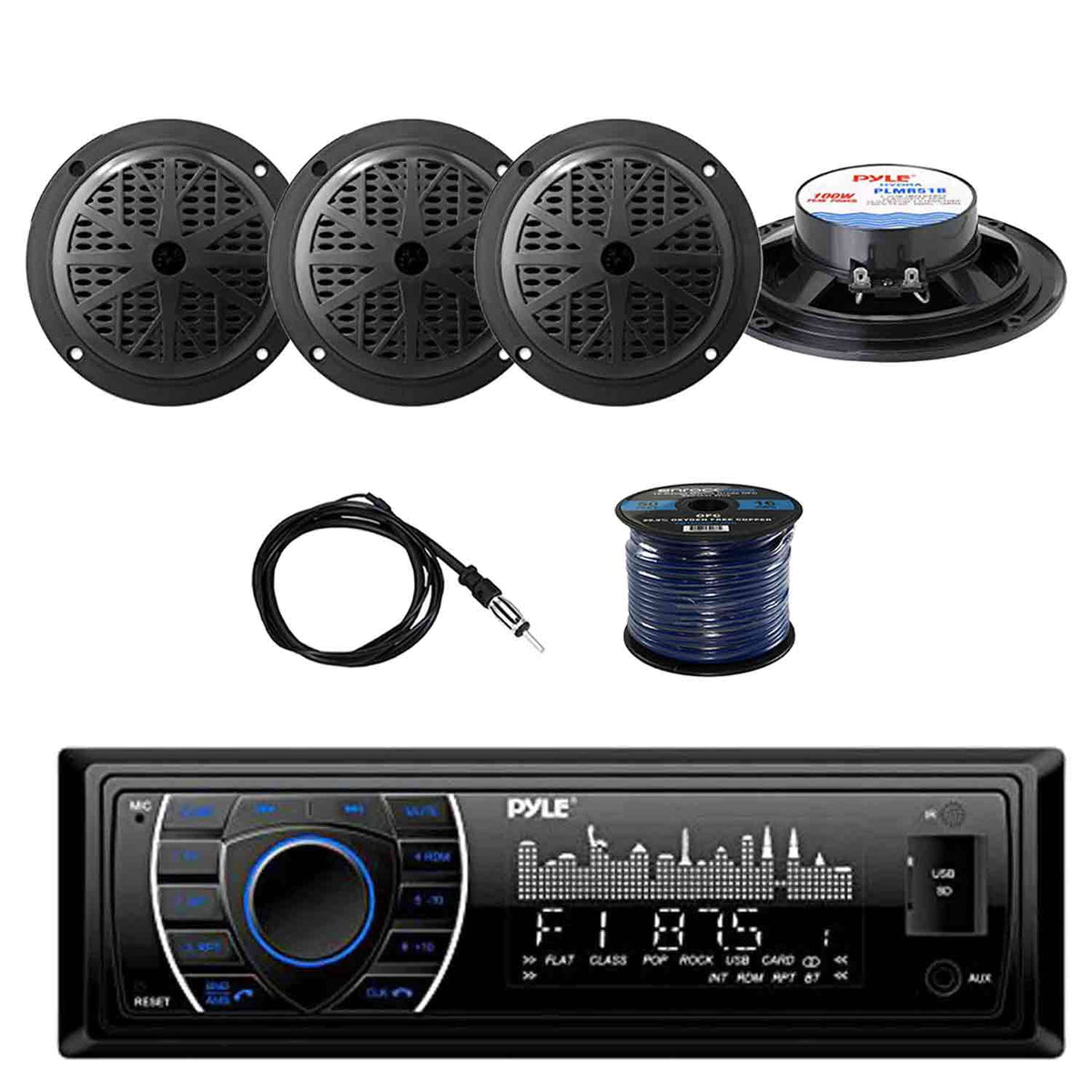Black Marine Bluetooth Receiver Stereo with 5.25'' 2-Way Marine Speakers U60716