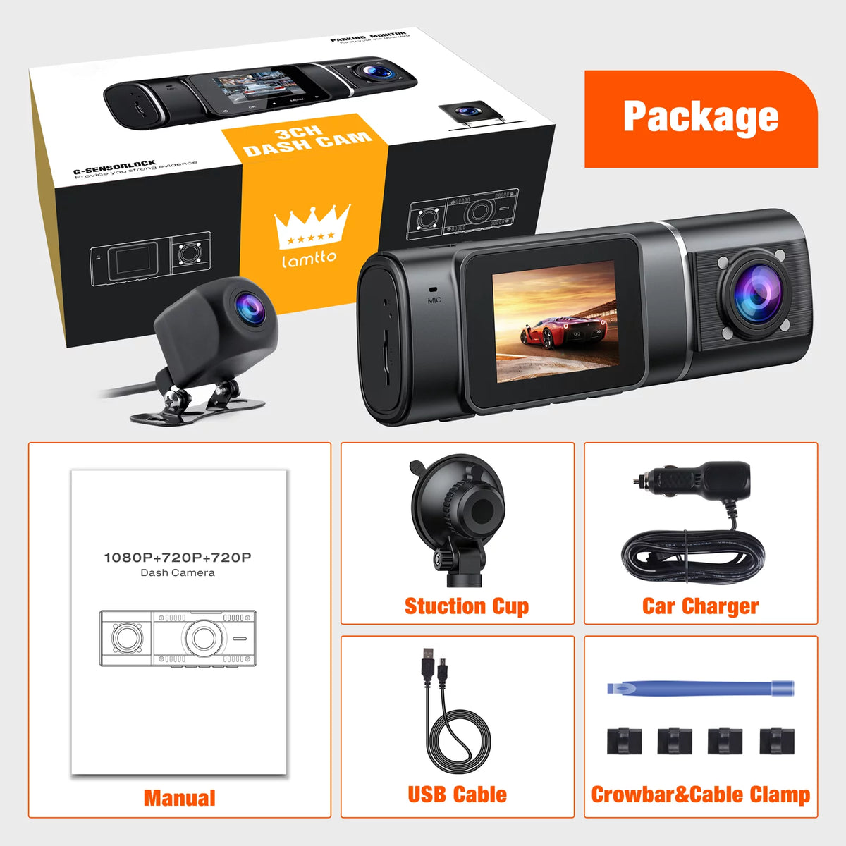 3 Channel 1080P Dash Cam with 64GB SD Card R60925
