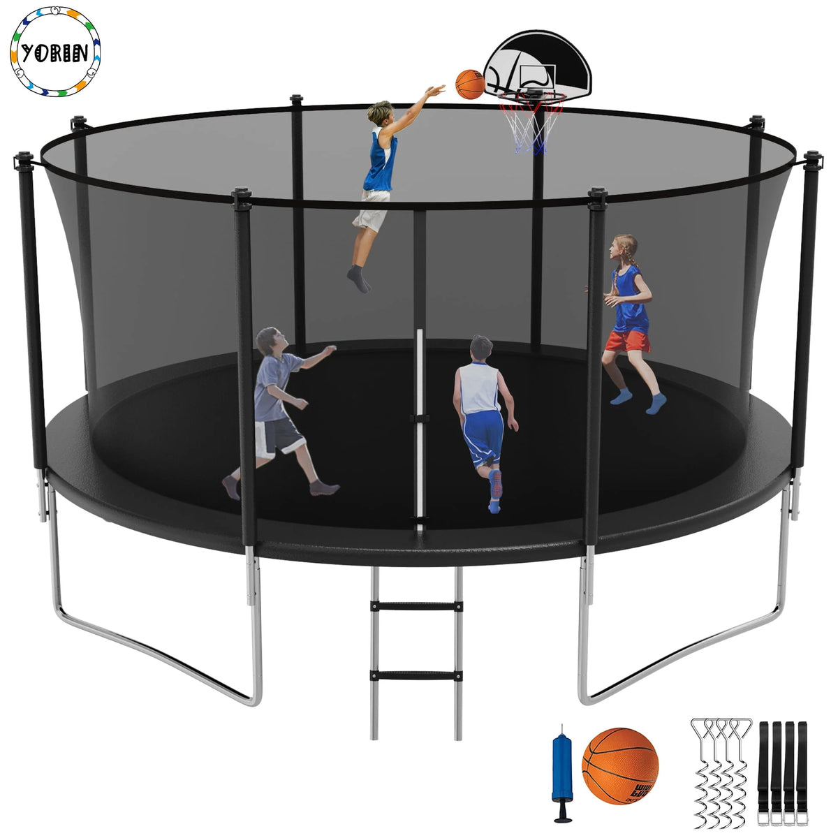 14FT Trampoline with Enclosure and Basketball Hoop L8162