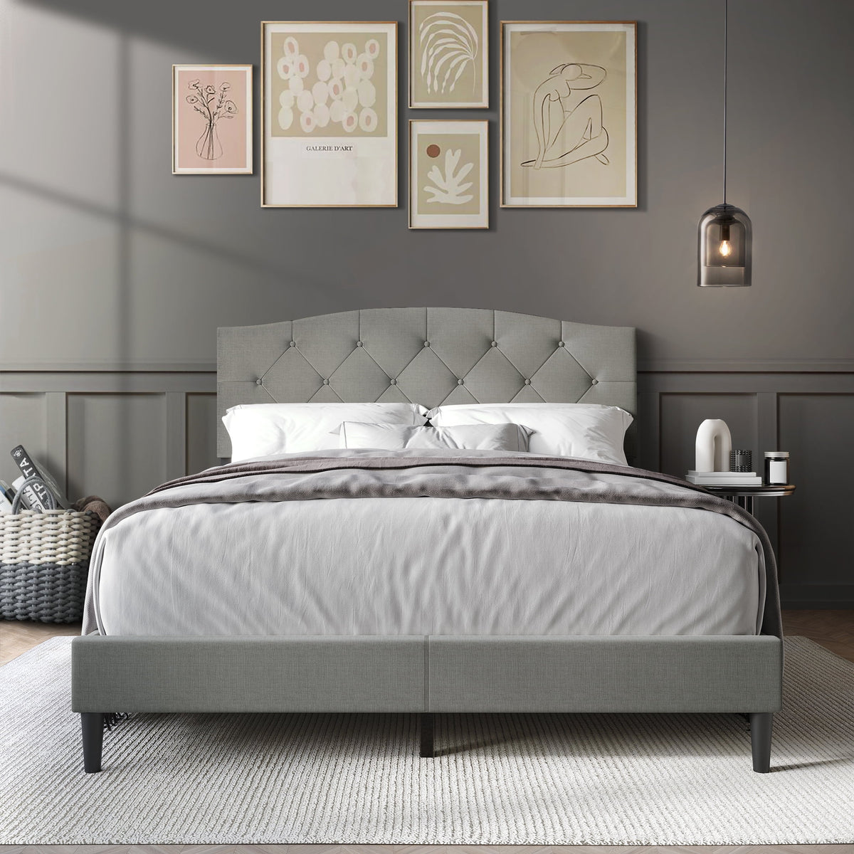 Button Tufted Linen Upholstered Platform Bed Light Grey Queen H973860