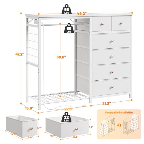 Black 6 Drawer Fabric Dresser with Hanging Rack J306