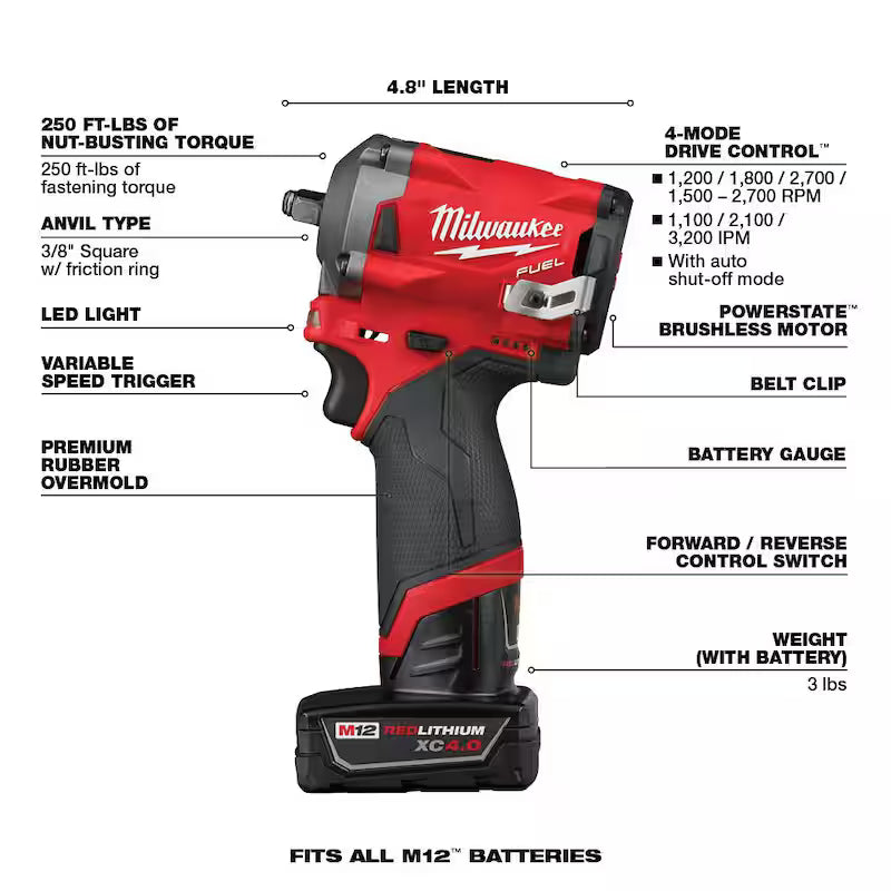 12V Brushless Cordless 3/8 in. Impact Wrench Kit with 43-Piece Socket Set F3185