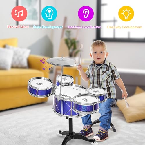 Kids Drum Set with 5 Drums, Stool, Sticks and Cymbal W15246