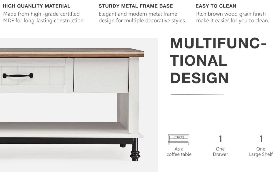 White Coffee Table with 1 Drawer and Storage Shelf E2140