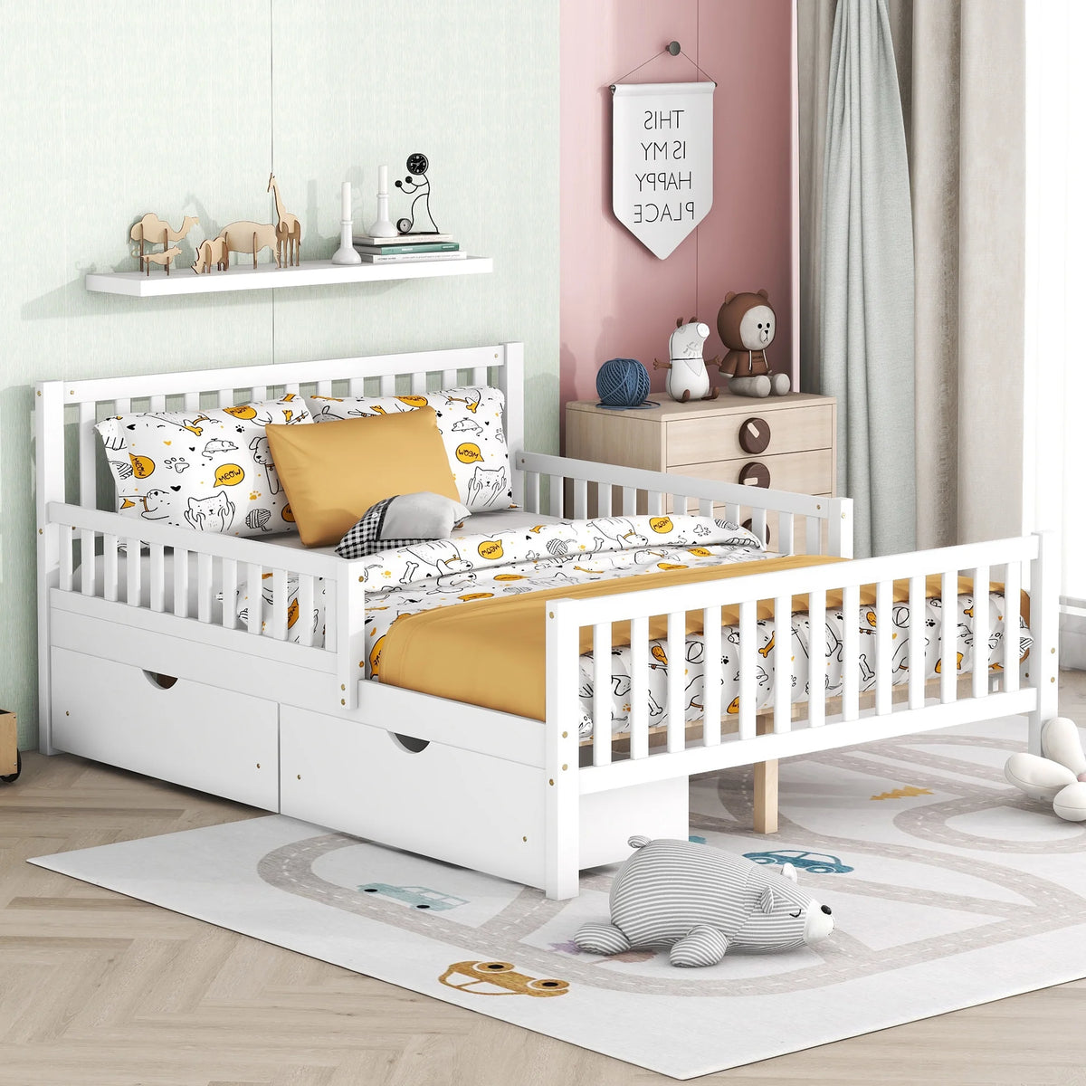 White Wood Full Bed Frame with Storage Drawers I64482
