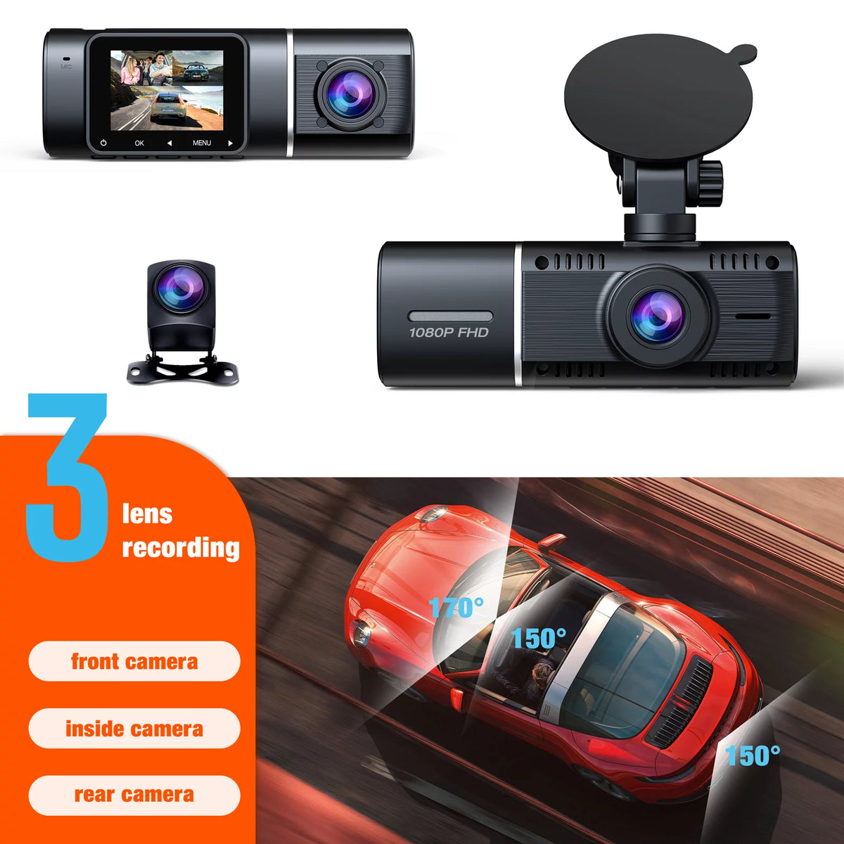 3 Channel 1080P Dash Cam with 64GB SD Card R60925