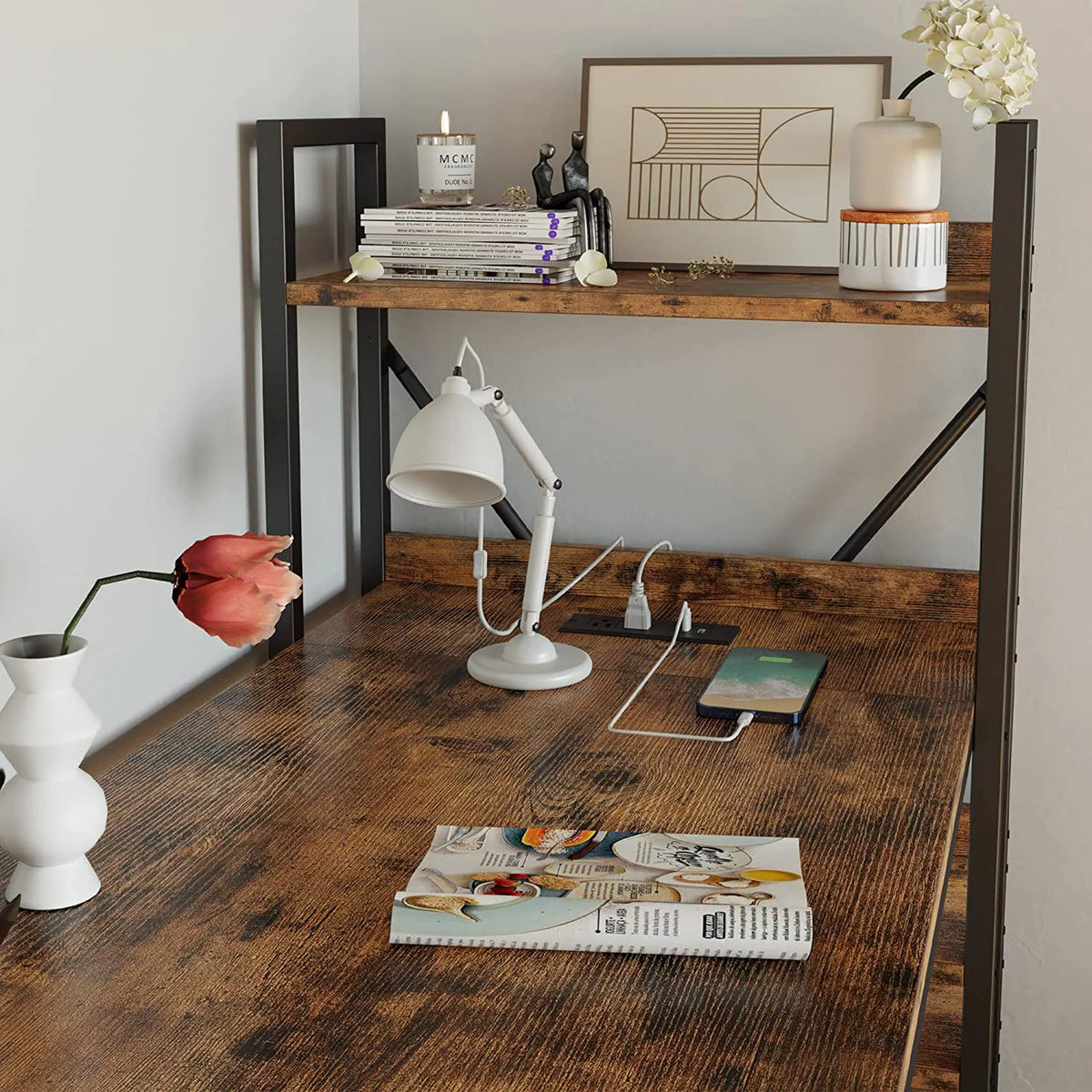 55" Computer Desk with Power Outlet and Storage Shelves A41399