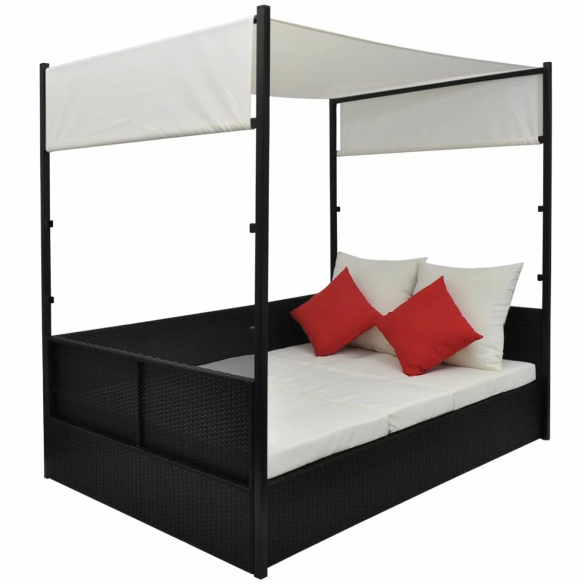 Black Poly Rattan 2-Person Sun Lounger with Canopy and Tea Table P1979