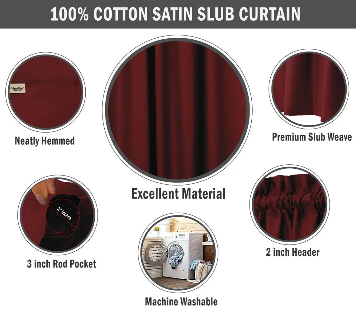 Cotton Slub Maroon 65 Inch Long Rod Pocket Curtains 2 Panels D346