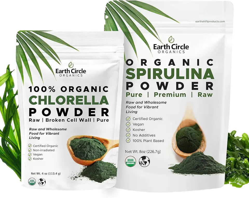 Organic Chlorella Powder 4 oz and Spirulina Powder 8 oz Superfood Bundle Q5862