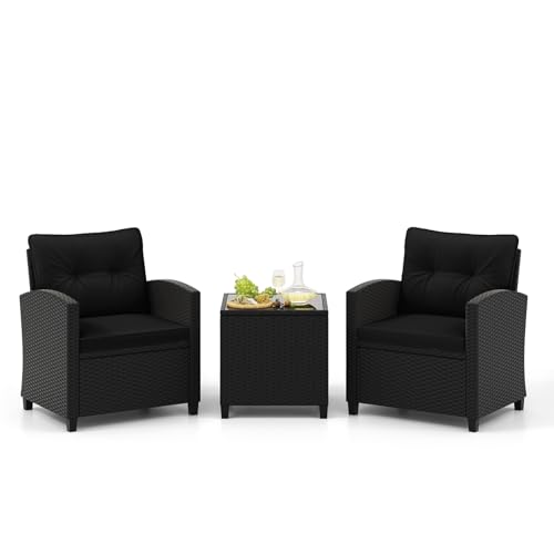 3 Pieces PE Rattan Wicker Outdoor Sofa Set with Cushion and Glass Tabletop R6356