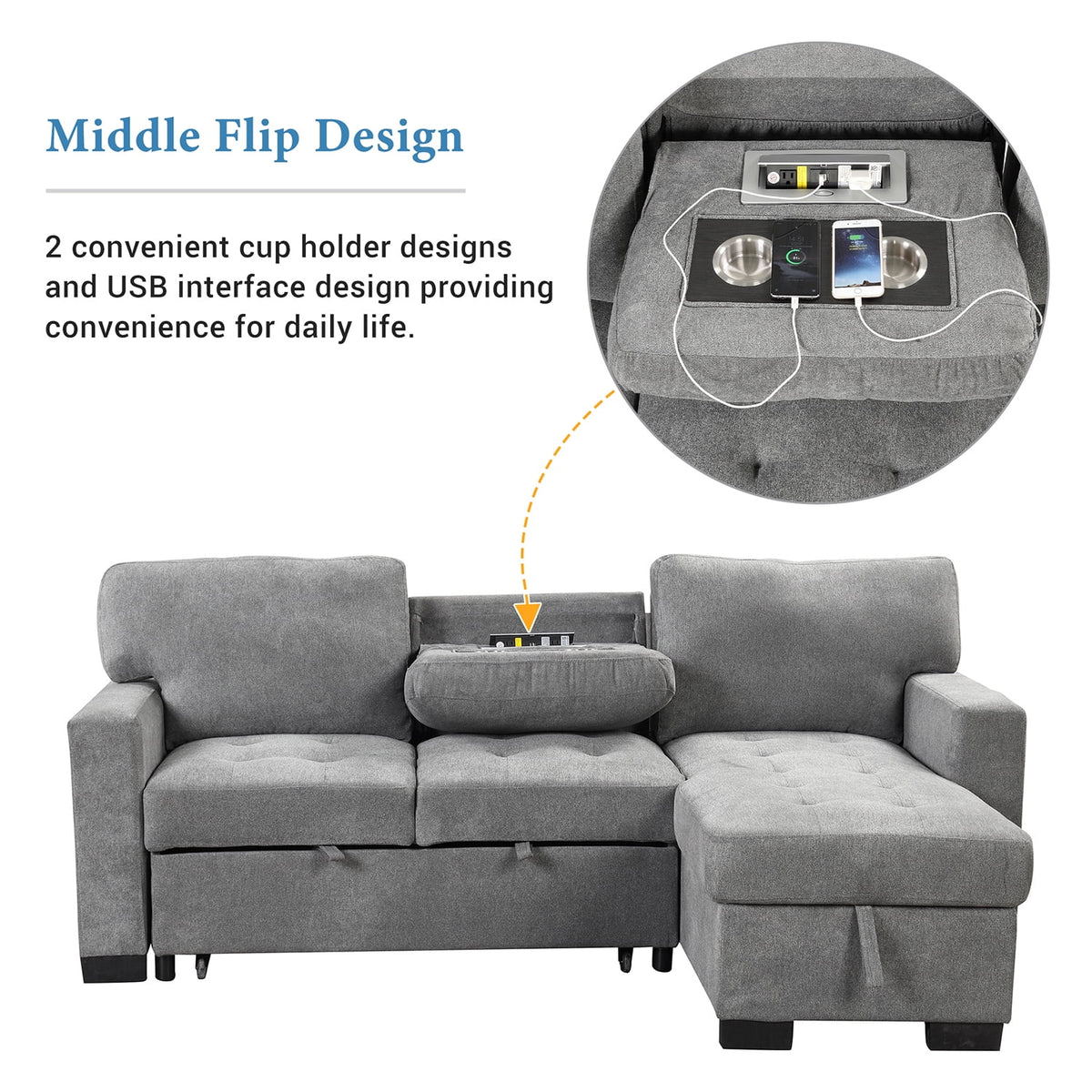 Gray L Shaped Sectional Sofa Bed with Storage K262