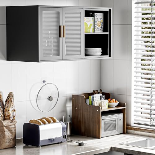 Black Over Toilet Wall Mounted Metal Cabinet with Two Glass Doors and Shelves Y18715