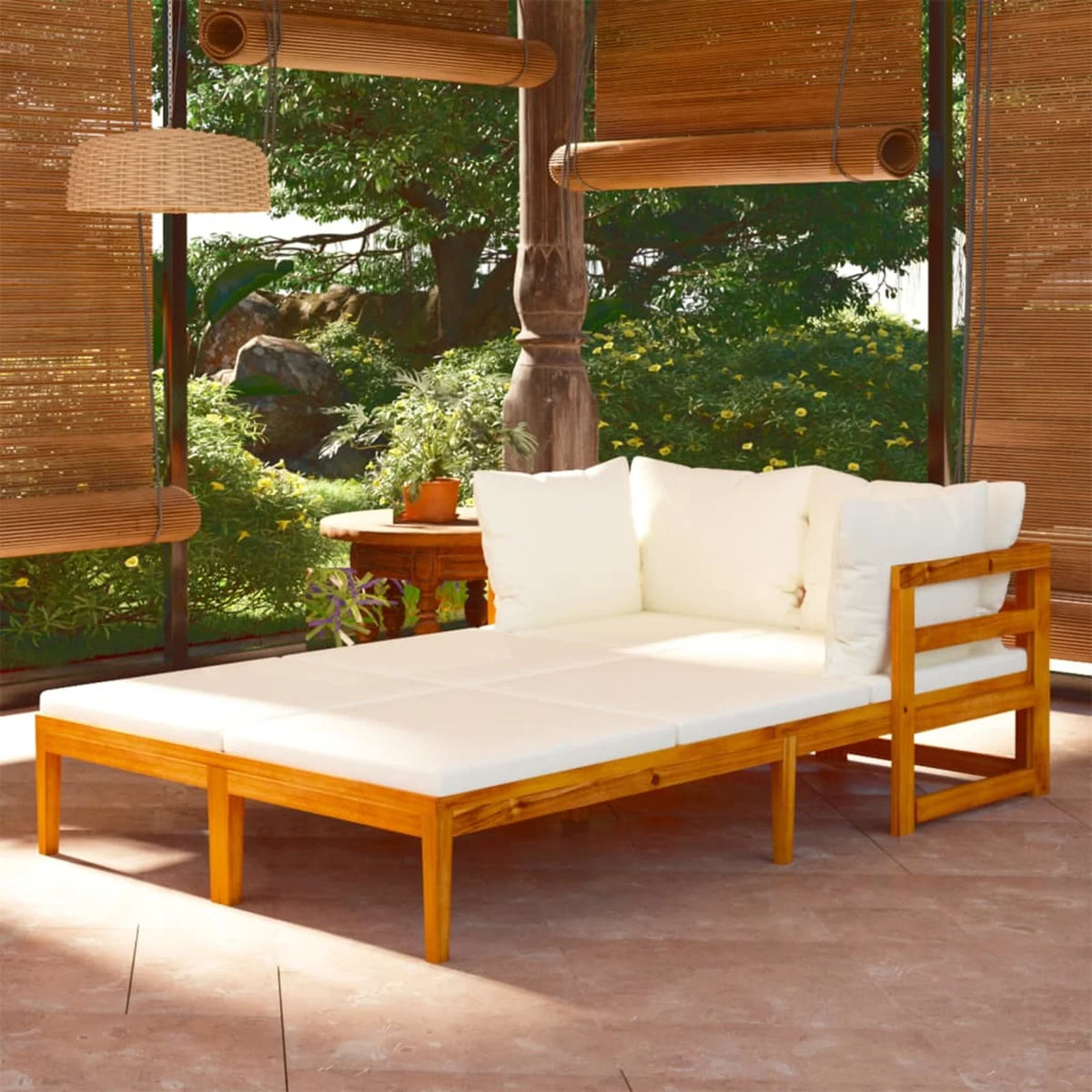 2 Piece Acacia Wood Sun Lounger with Cream White Cushion B22690