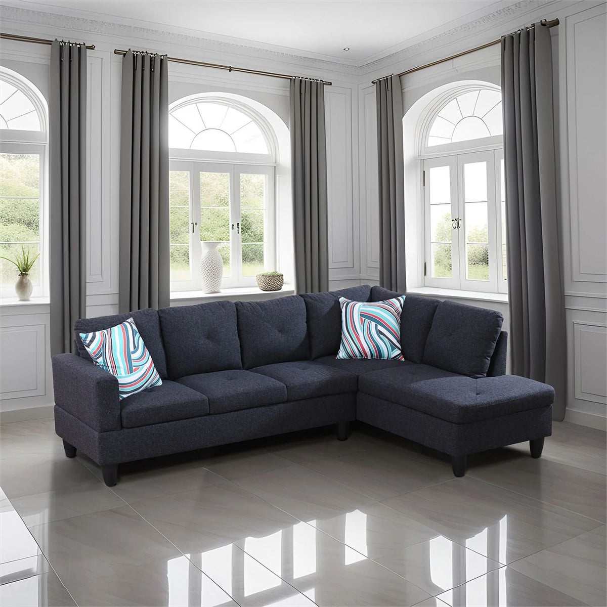 Black Grey Linen 2 Piece Sectional Sofa B53434