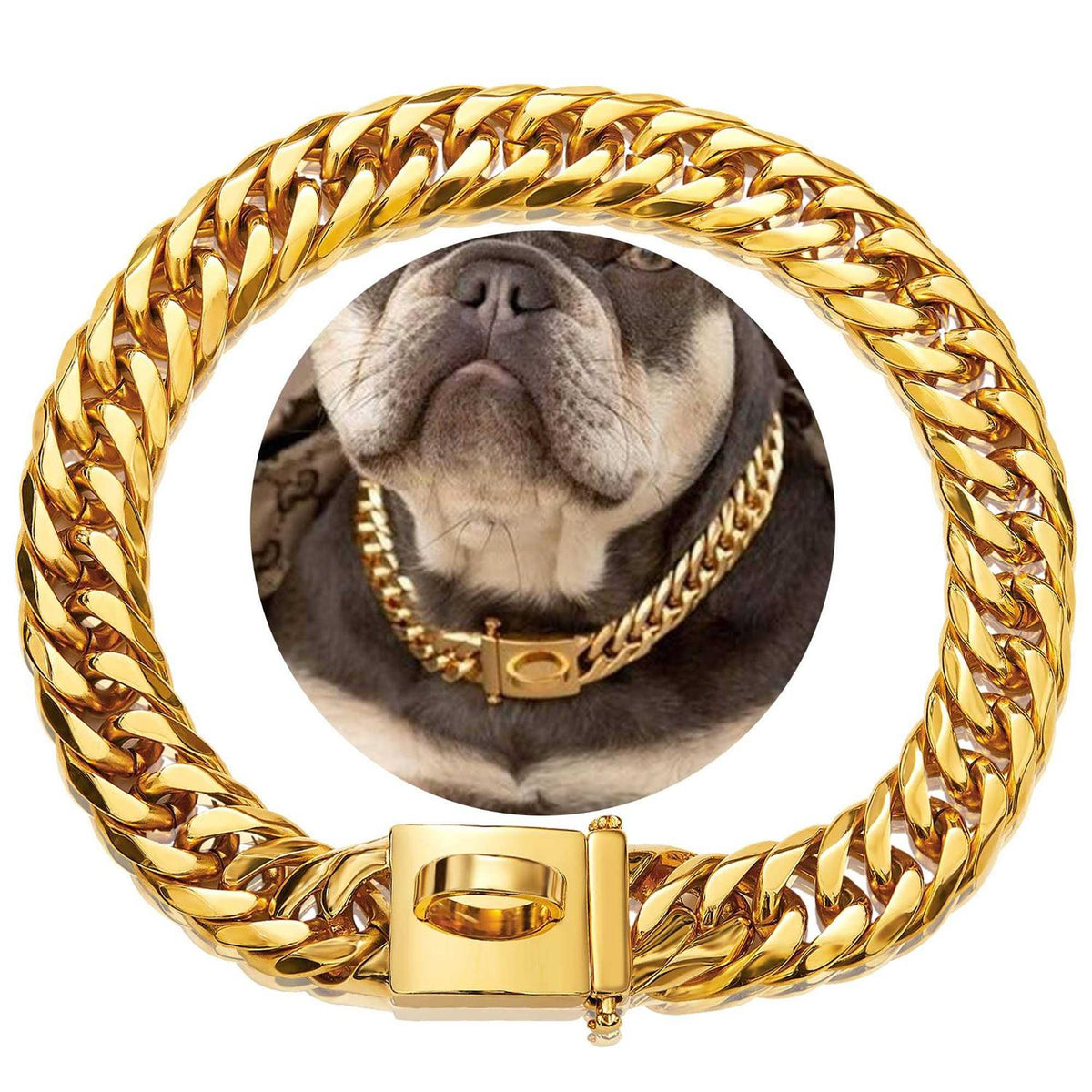 Gold Chain Dog Collar 16MM Cuban Link with Snap Buckle H347
