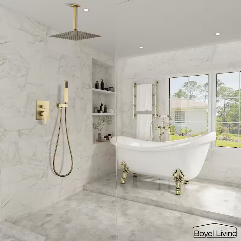 12 in. Ceiling Mount Dual Shower Heads with Pressure Balance Valve in Brushed Gold Q663