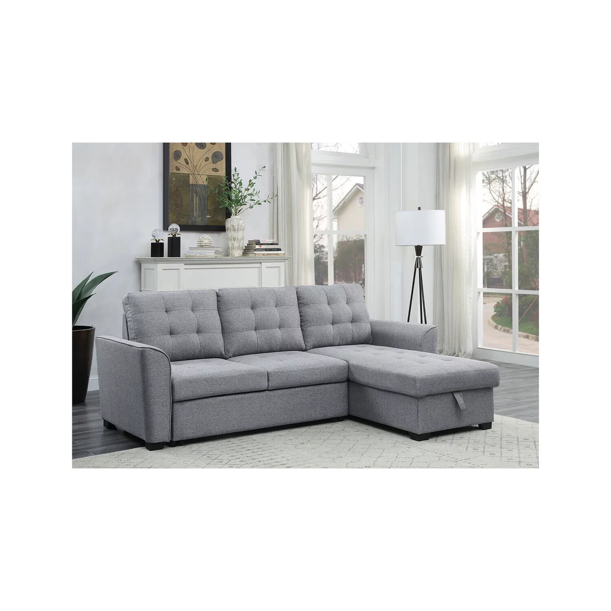 Light Gray Linen Sleeper Sectional Sofa with Reversible Storage Chaise I5231