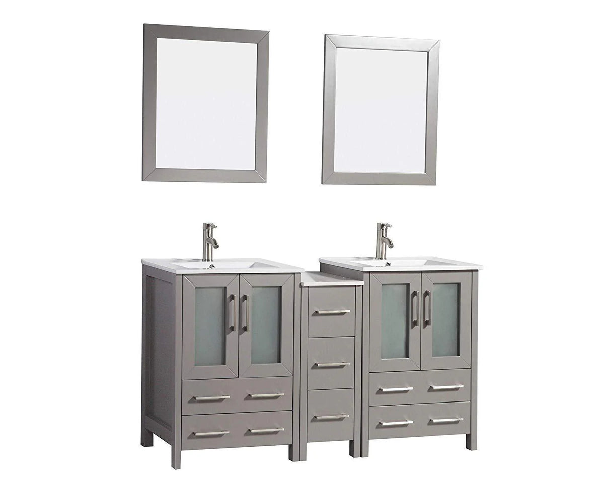 60 in. Grey Double Sink Ceramic Vanity Cabinet with Mirror Q732