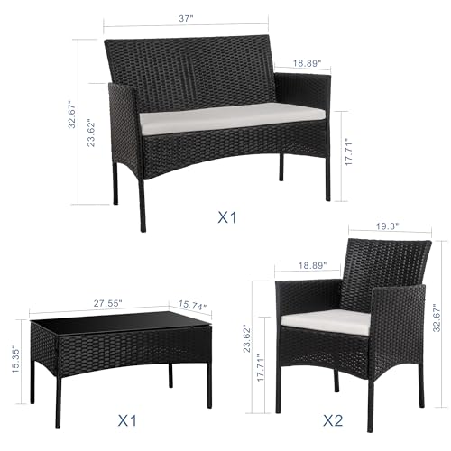 4 Piece Wicker Patio Conversation Furniture Set with Tempered Glass Coffee Table R498839
