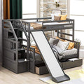 Gray Wood Twin Over Full Bunk Bed with Stairs and Slide E289