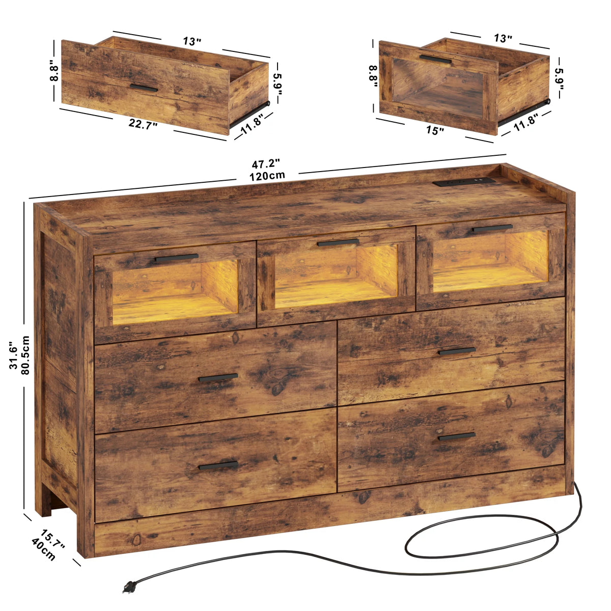 Brown 7 Glass Drawer Wood Dresser Y599