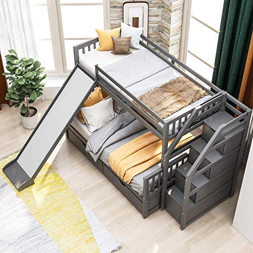 Gray Wood Twin Over Full Bunk Bed with Stairs and Slide E289