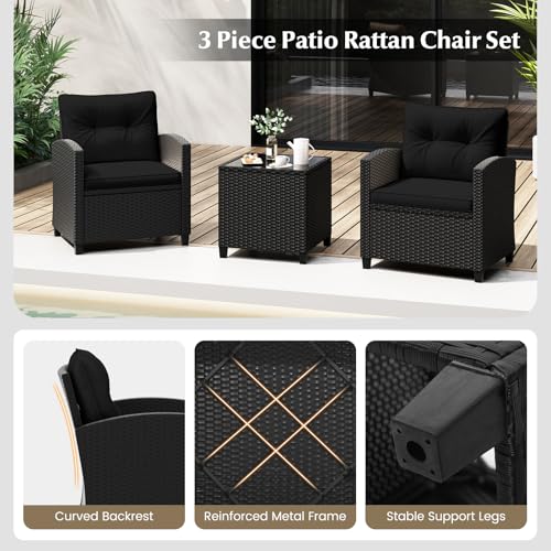 3 Pieces PE Rattan Wicker Outdoor Sofa Set with Cushion and Glass Tabletop R6356