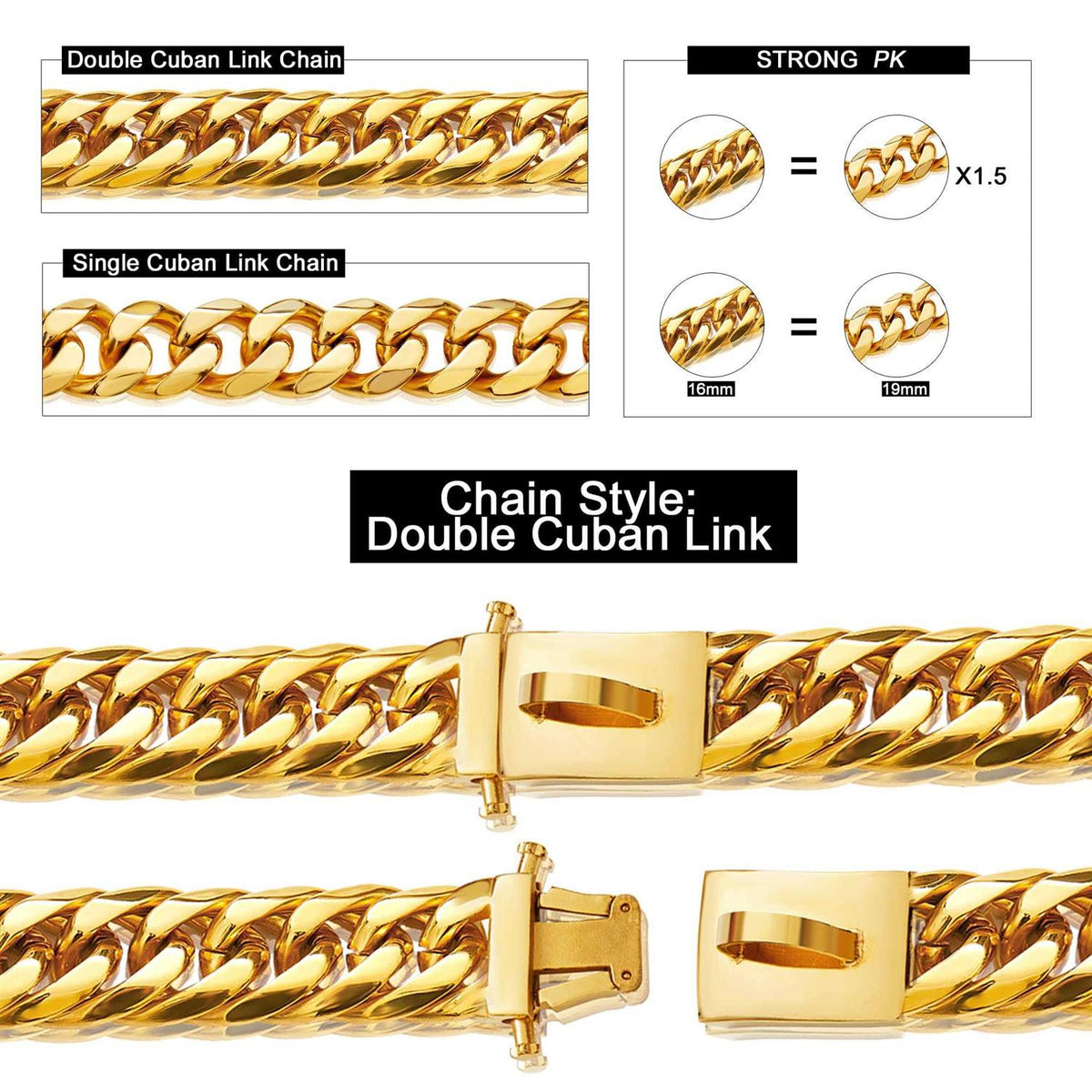Gold Chain Dog Collar 16MM Cuban Link with Snap Buckle H347