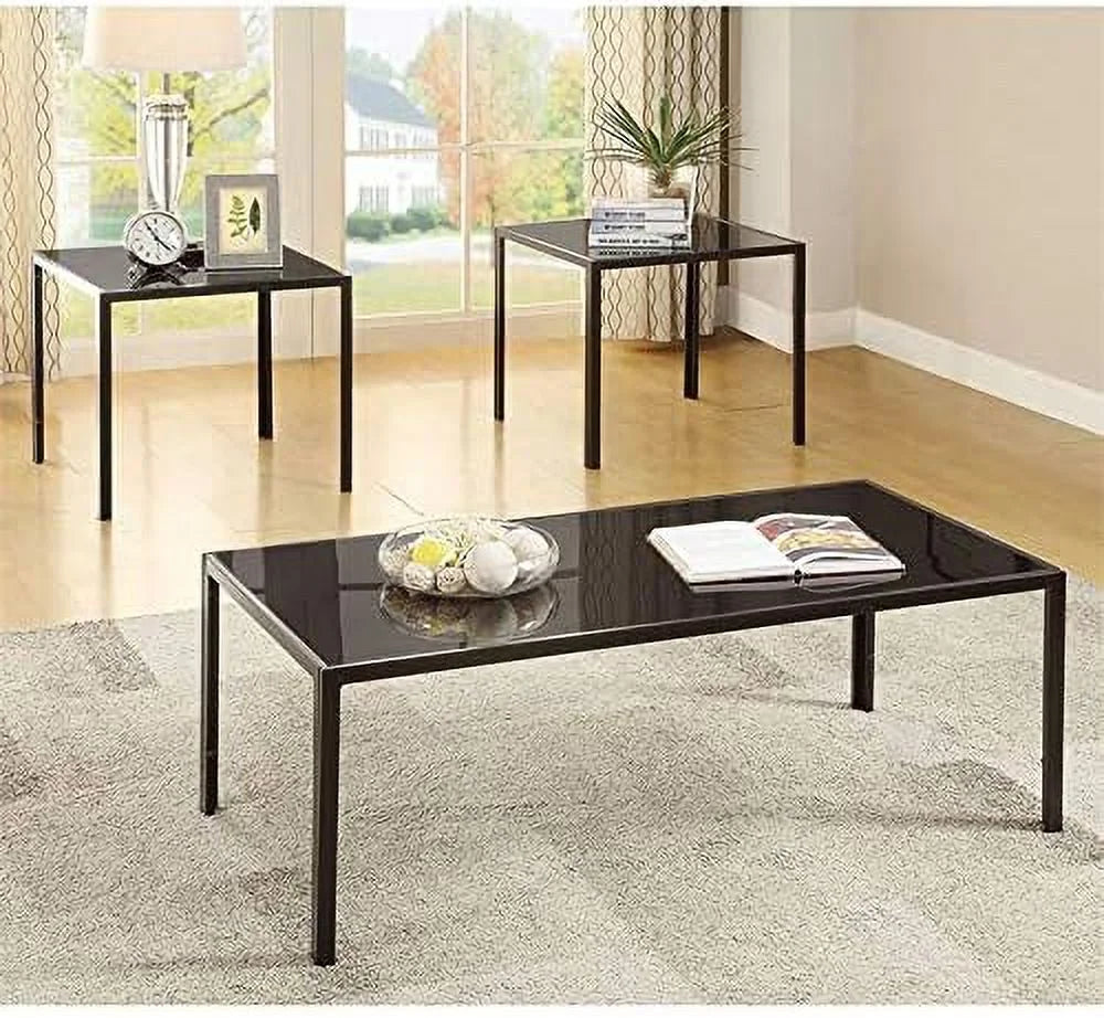 Black 3 Piece Glass Top Coffee Table Set D7662