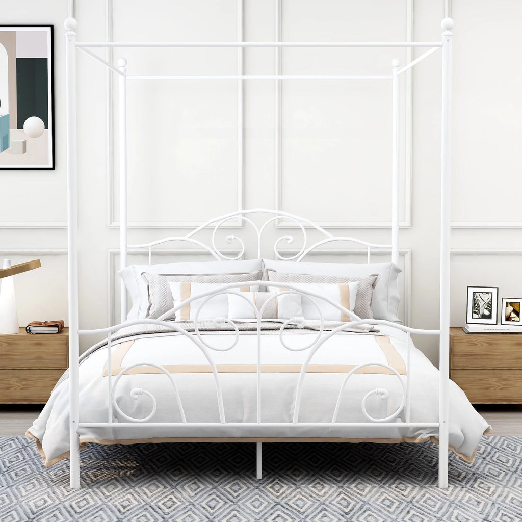 Vintage White Full Size Metal Canopy Bed Frame Y15371