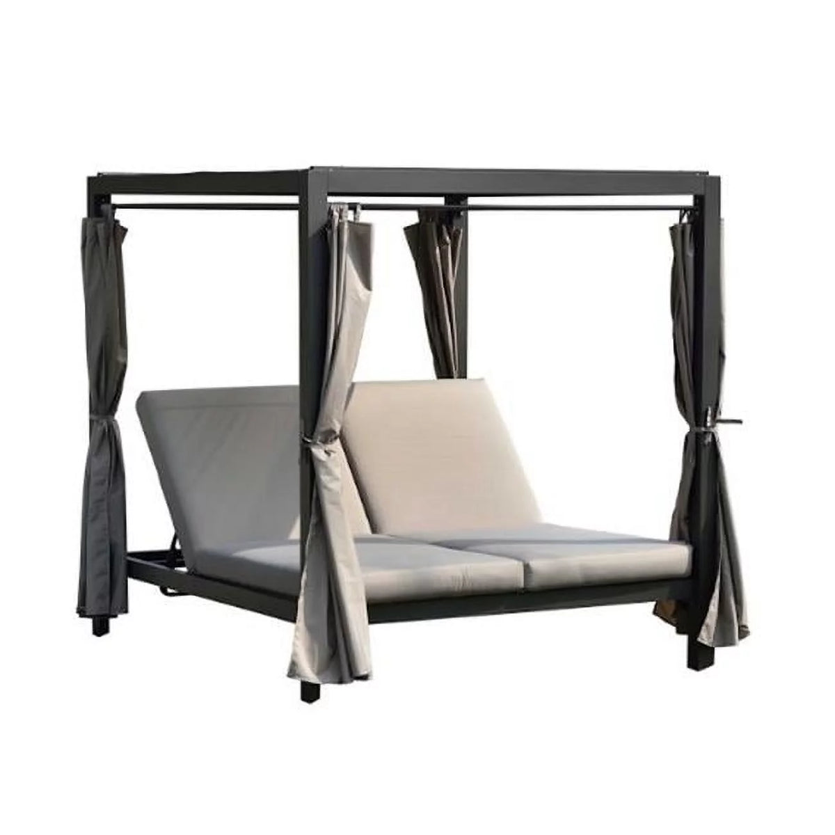 Gray Outdoor Steel Metal Adjustable Day Bed with Canopy & Taupe Cushions B379