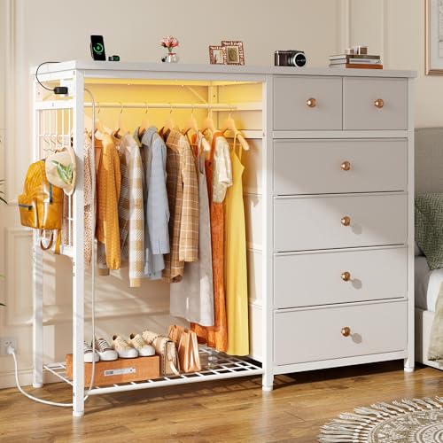 Black 6 Drawer Fabric Dresser with Hanging Rack J306