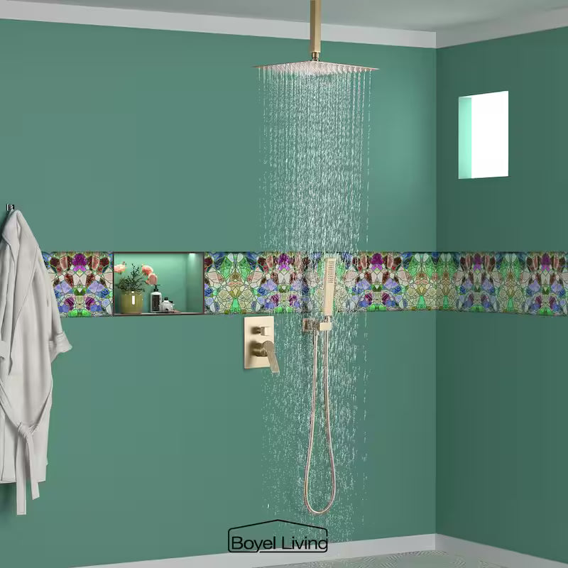 12 in. Ceiling Mount Dual Shower Heads with Pressure Balance Valve in Brushed Gold Q663